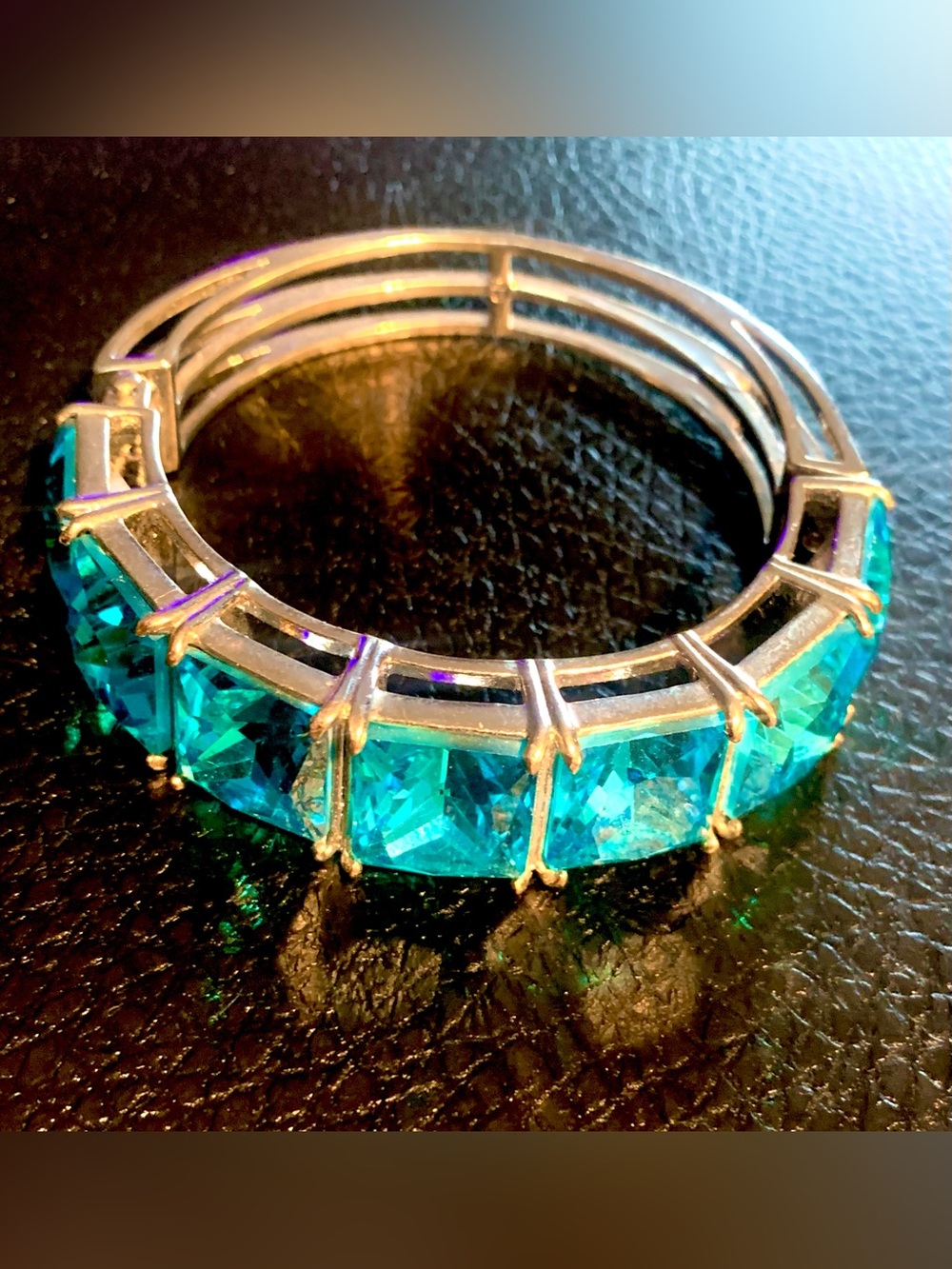 Silver Bracelet with Emerald Blue Square Gemstones